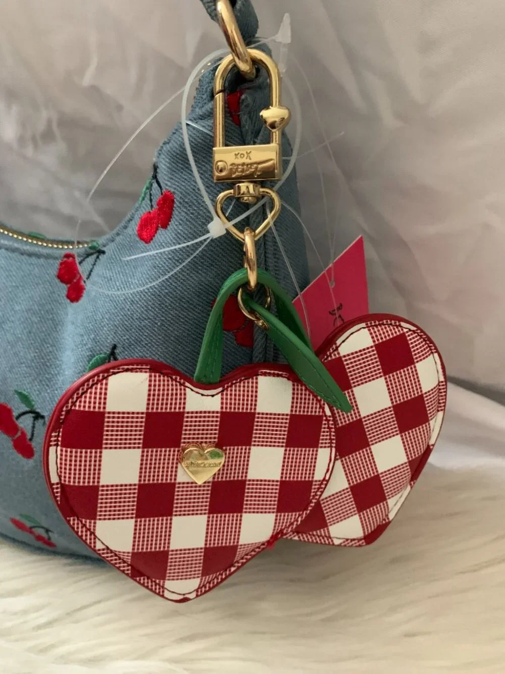 BETSEY JOHNSON XOX Denim Cherry Embroidered Hobo Shoulder Bag